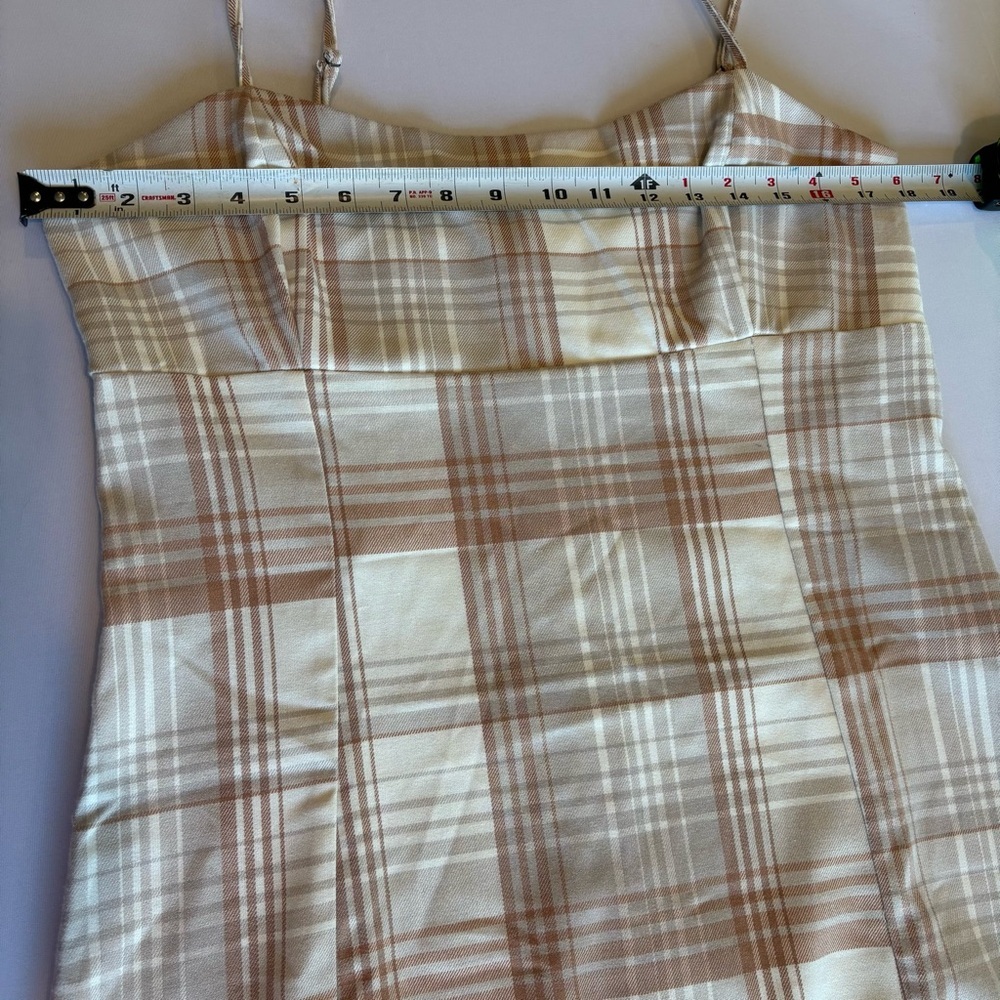 AEROPOSTALE Spaghetti Strap Plaid‎ Mini Dress w/ Slit @ Hem Brown/Cream Sz L - Picture 4 of 14